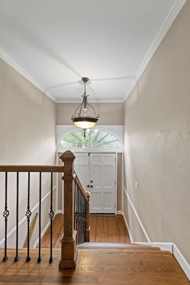  - foyer featuring wood finished floors and crown molding