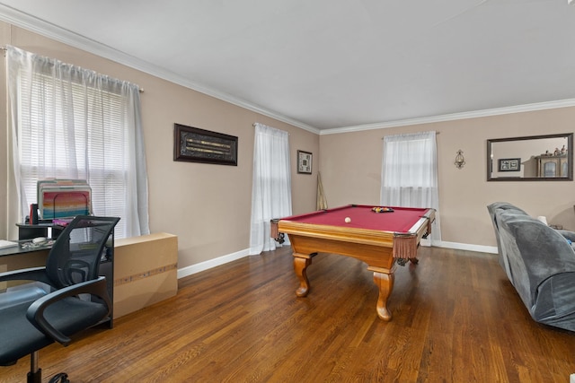  - recreation room featuring crown molding, wood finished floors, and billiards table