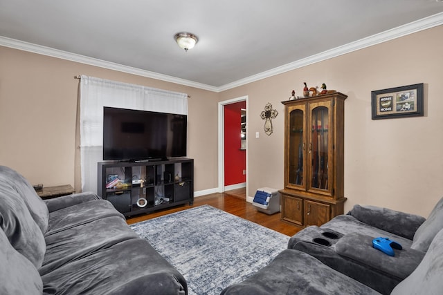  - living area with crown molding and wood finished floors