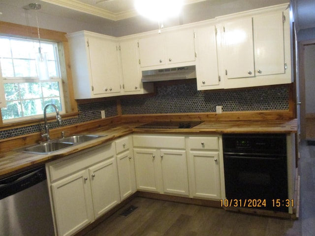 kitchen with white cabinetry, sink, hanging light fixtures, wooden counters, and black appliances