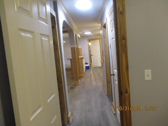 hall with wood-type flooring and ornamental molding