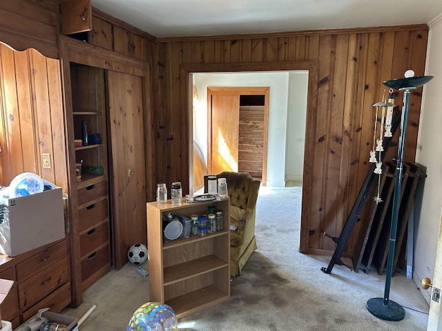 miscellaneous room featuring carpet flooring, crown molding, and wooden walls