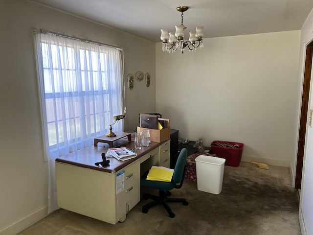 office space featuring carpet and a notable chandelier