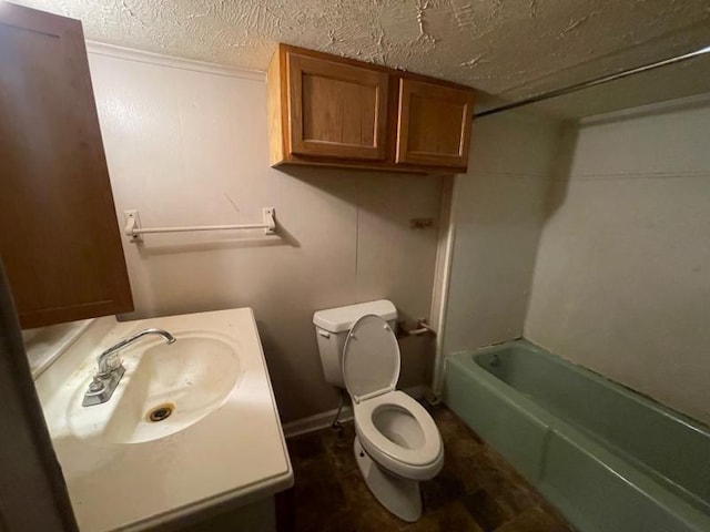  - full bath featuring vanity, a textured ceiling, and shower / bath combination