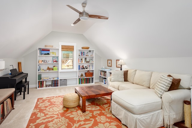 living room with light carpet, lofted ceiling, and ceiling fan