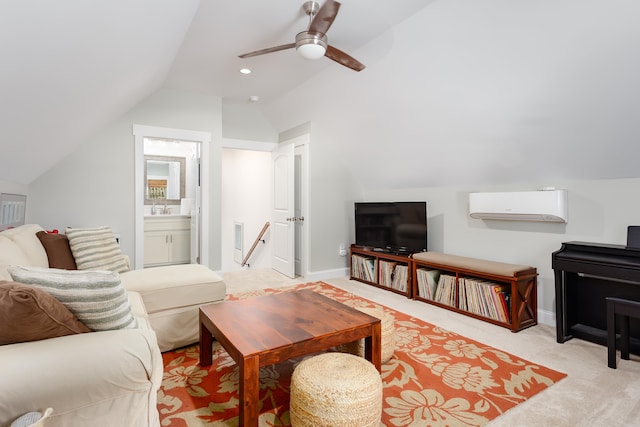 carpeted living room featuring lofted ceiling, sink, and ceiling fan