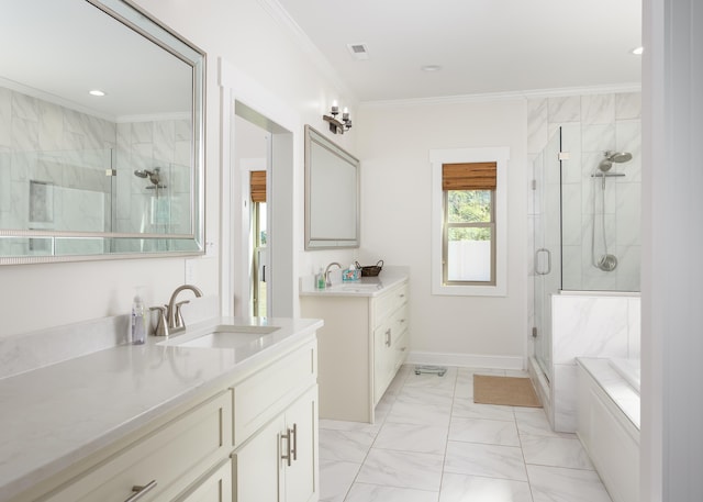 bathroom featuring independent shower and bath, ornamental molding, and vanity