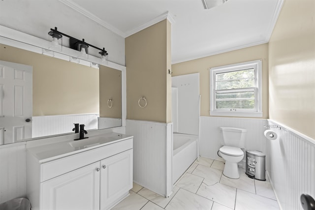  - bathroom with wainscoting, vanity, marble look tile flooring, and ornamental molding