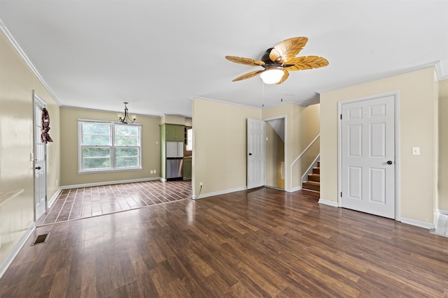  - unfurnished living room featuring ornamental molding, wood finished floors, a ceiling fan, and stairs