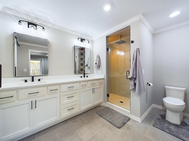 full bath with a shower stall, baseboards, a sink, and crown molding