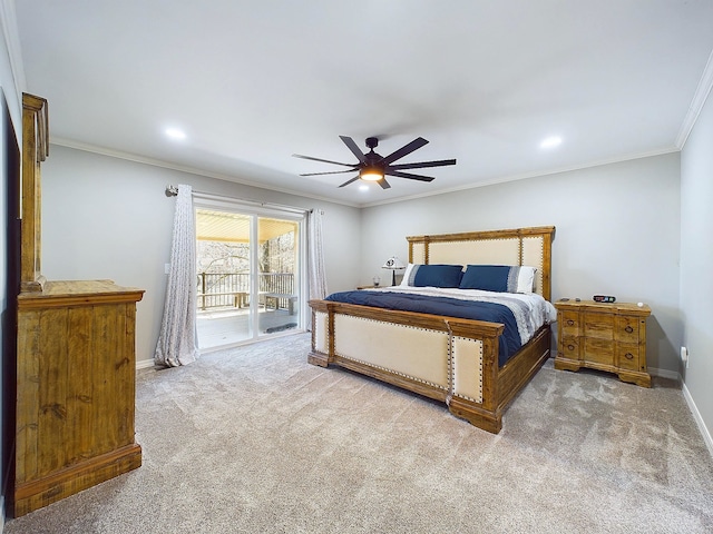 bedroom featuring crown molding, carpet flooring, ceiling fan, access to outside, and baseboards