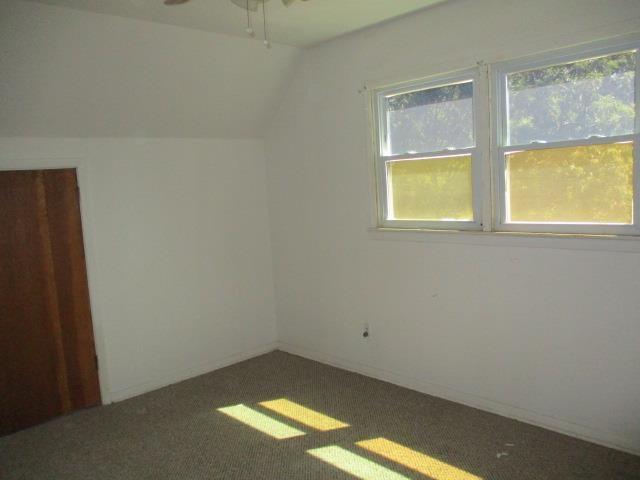 additional living space featuring a healthy amount of sunlight, dark carpet, and vaulted ceiling