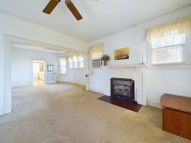 unfurnished living room with carpet flooring, ceiling fan, and cooling unit