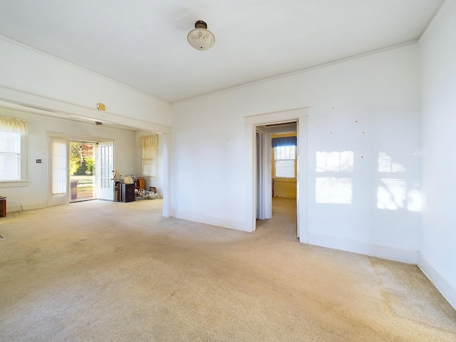 empty room with crown molding, plenty of natural light, and light carpet