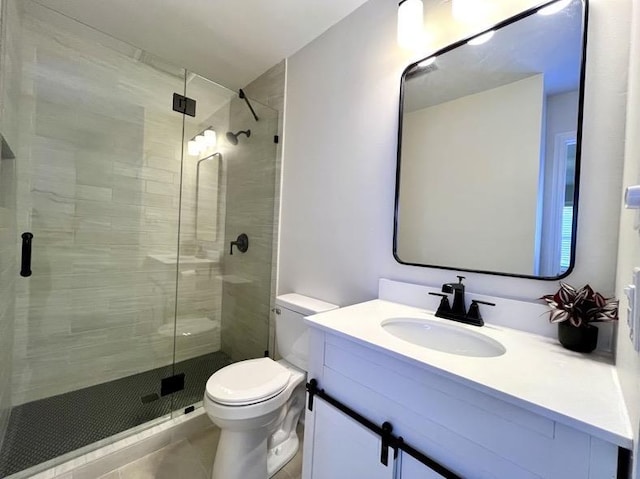  - full bath with vanity, a stall shower, and tile patterned floors