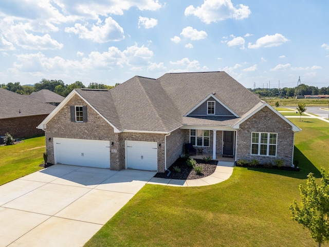 view of front facade featuring concrete driveway, roof with shingles, brick siding, and a front lawn