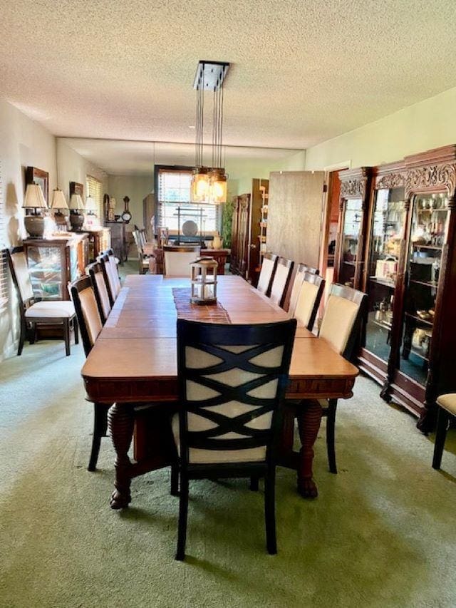 dining room with carpet and a textured ceiling