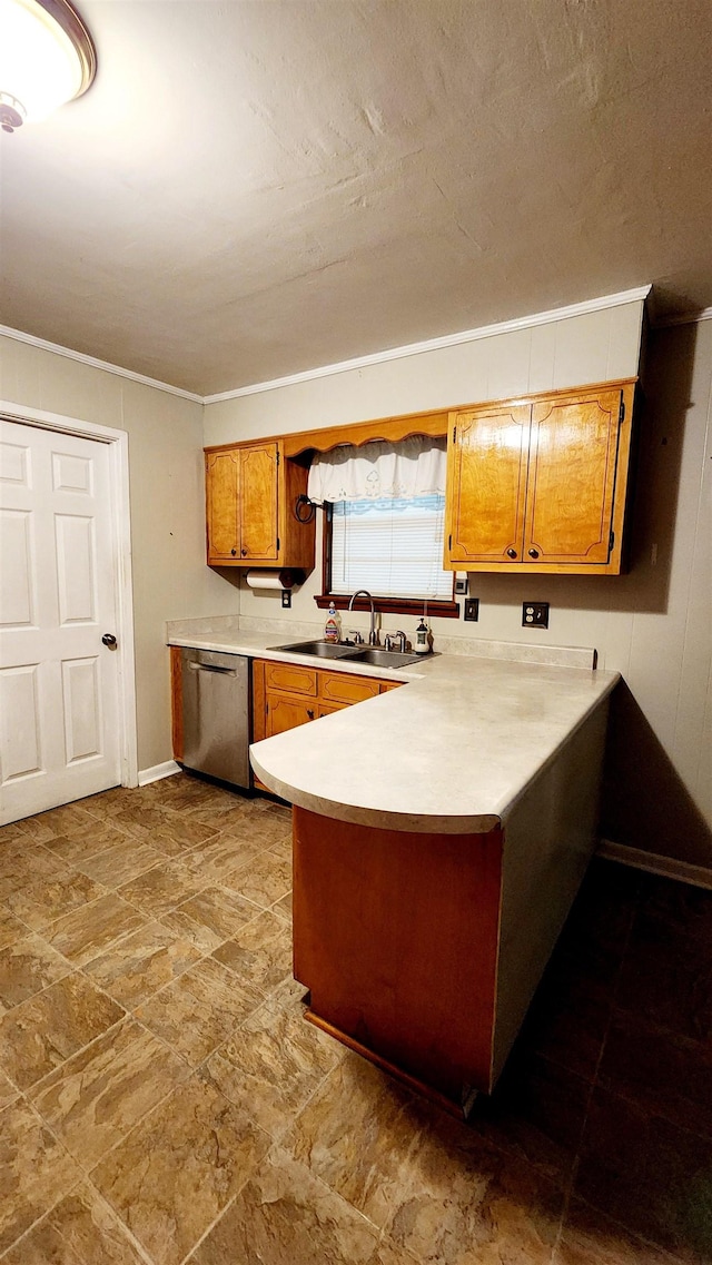 kitchen with stainless steel dishwasher, kitchen peninsula, sink, and ornamental molding