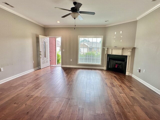  - unfurnished living room featuring ceiling fan, dark wood-style floors, a fireplace, baseboards, and recessed lighting