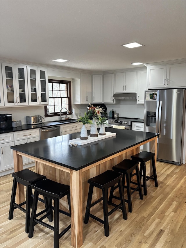 kitchen with under cabinet range hood, stainless steel appliances, a sink, light wood-type flooring, and dark countertops