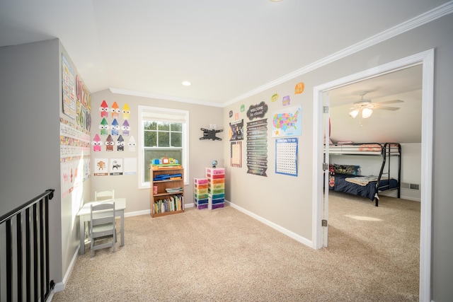 game room with visible vents, baseboards, carpet, and crown molding