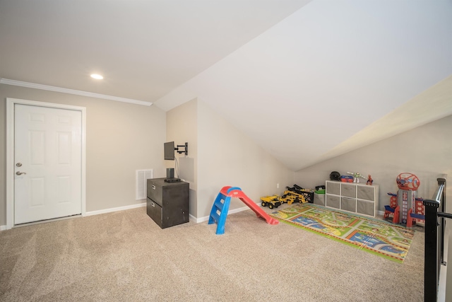 recreation room with crown molding, baseboards, lofted ceiling, carpet flooring, and recessed lighting