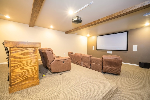 home theater room with beam ceiling, carpet flooring, recessed lighting, and baseboards