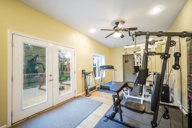 exercise room with baseboards, recessed lighting, french doors, wood finished floors, and a ceiling fan