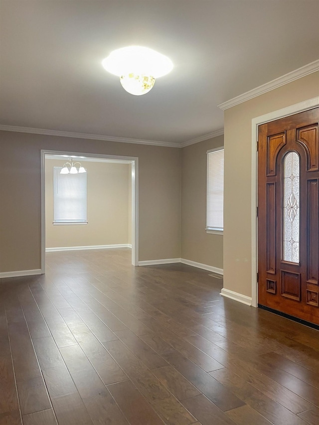 foyer featuring crown molding and dark hardwood / wood-style flooring