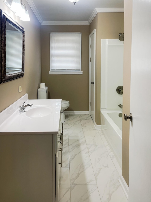 full bathroom with crown molding, shower / washtub combination, vanity, and toilet