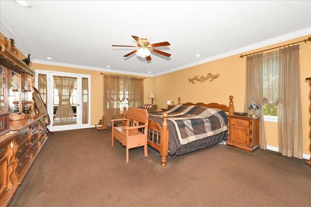 - bedroom featuring a textured ceiling, crown molding, baseboards, recessed lighting, and dark carpet