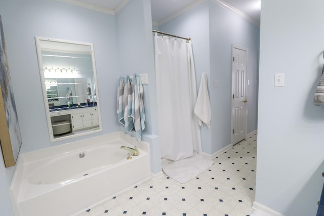 bathroom with vanity, ornamental molding, and shower with separate bathtub