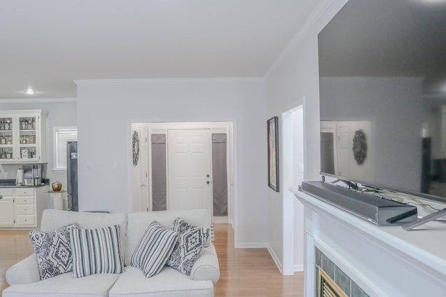 living room featuring crown molding and light hardwood / wood-style flooring