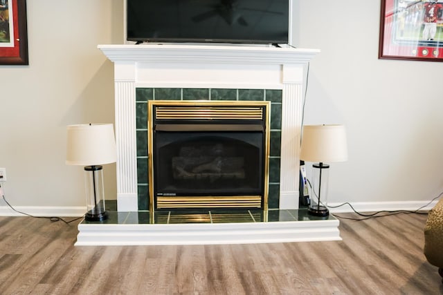 interior details with a tiled fireplace and wood-type flooring