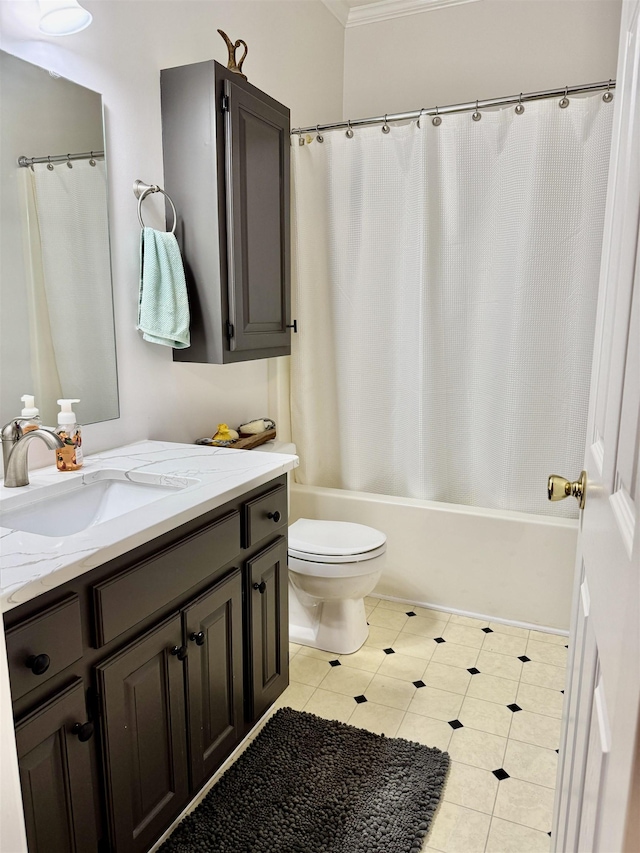 full bathroom featuring tile patterned floors, toilet, crown molding, vanity, and shower / bath combination with curtain