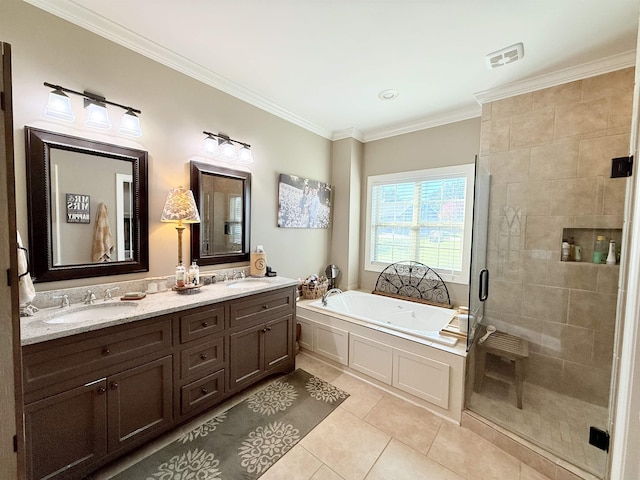 bathroom featuring tile patterned flooring, vanity, independent shower and bath, and ornamental molding