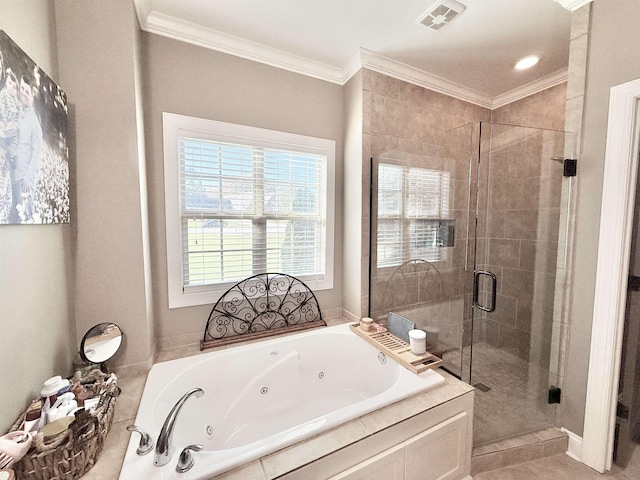 bathroom with separate shower and tub and crown molding