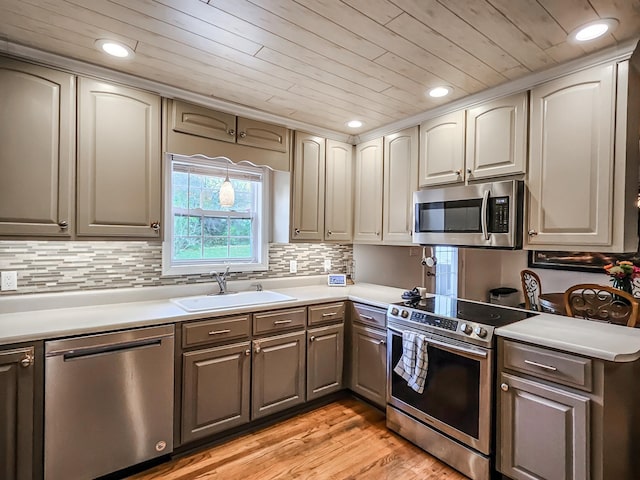 kitchen featuring sink, wooden ceiling, backsplash, light hardwood / wood-style floors, and appliances with stainless steel finishes