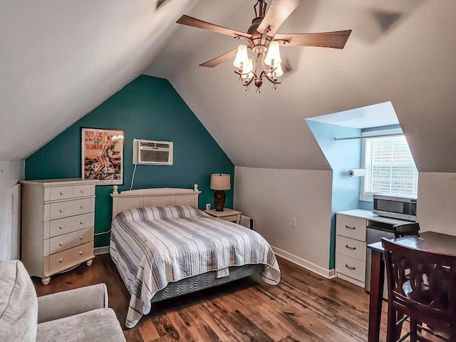 bedroom with ceiling fan, dark hardwood / wood-style flooring, an AC wall unit, and lofted ceiling