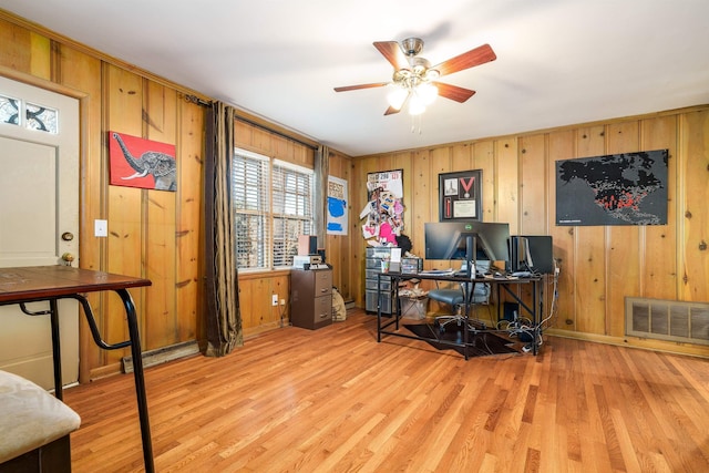 office with visible vents, ceiling fan, wood walls, and light wood finished floors