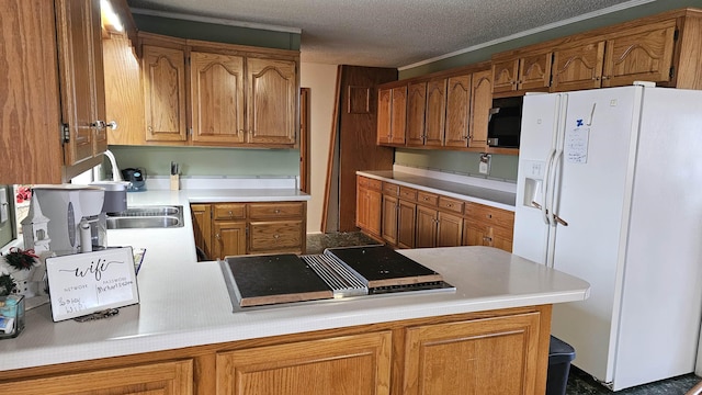 kitchen featuring white refrigerator with ice dispenser, brown cabinetry, black electric stovetop, light countertops, and a textured ceiling