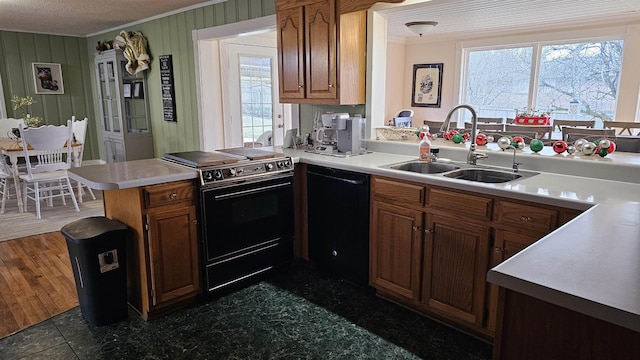 kitchen with electric range, ornamental molding, a peninsula, light countertops, and a sink