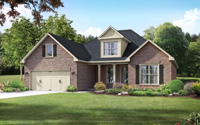 view of front facade with driveway, a garage, a front lawn, and brick siding