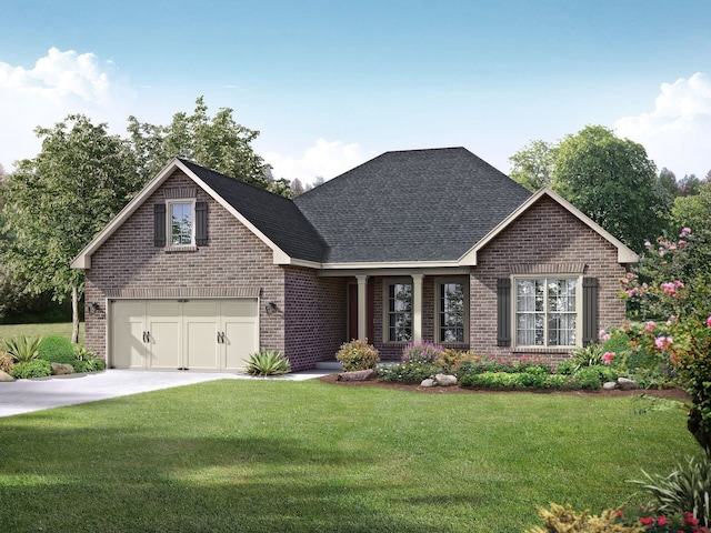 view of front of home with a front lawn, a garage, brick siding, and driveway