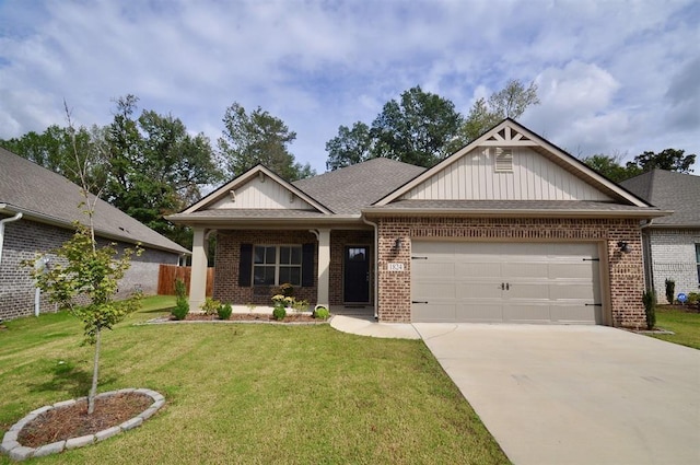 - craftsman-style house featuring an attached garage, brick siding, and concrete driveway
