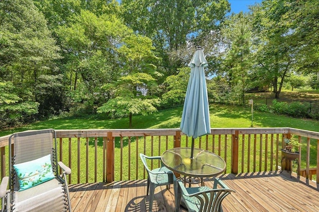  - deck featuring a yard and view of wooded area
