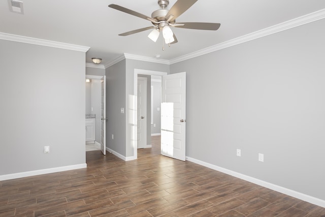 unfurnished bedroom with ornamental molding, dark wood-style floors, visible vents, and baseboards