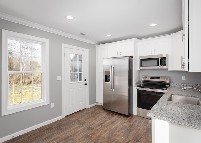 kitchen featuring crown molding, light stone countertops, dark wood finished floors, stainless steel appliances, and a sink