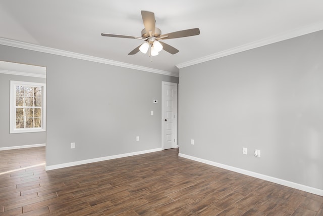 unfurnished room with a ceiling fan, crown molding, baseboards, and dark wood-style flooring