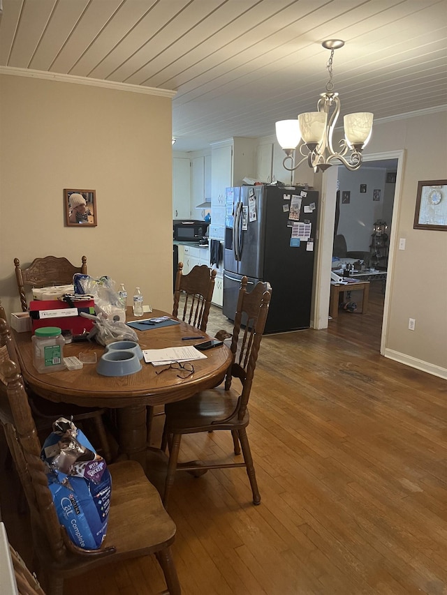 dining space with crown molding, wood finished floors, wooden ceiling, and a chandelier